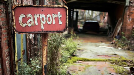 The image showcases a rustic and weathered carport sign, surrounded by an aged, abandoned setting with overgrown foliage and rustic structures.