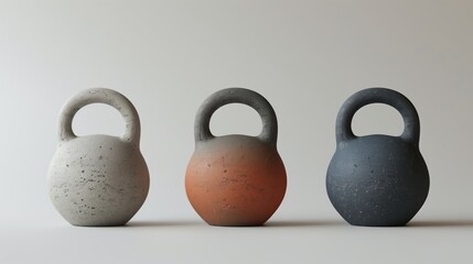 clay kettlebells three sizes unique textures minimalist white background elegant design