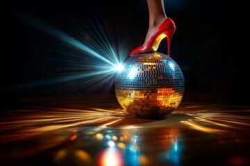 Disco Diva: A red high heel poised on a glistening disco ball, casting vibrant light and evoking the electrifying energy of the dance floor.