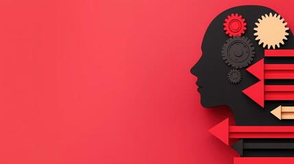 Profile silhouette with gears and arrows on a vibrant red background.