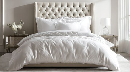 A beautifully arranged white pillow on a hotel-style bed, surrounded by silky sheets and a tufted headboard.
