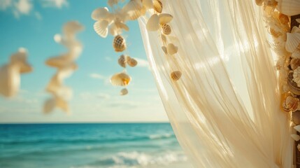 Obraz premium A beachside wedding arch draped in sheer white fabric, adorned with seashells and tropical flowers, with the ocean as a backdrop.
