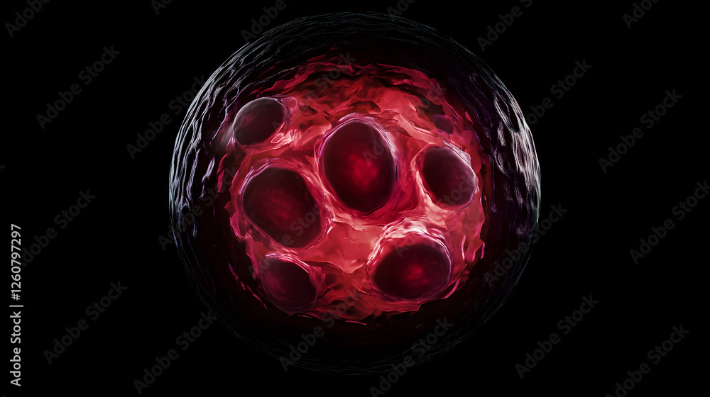 Poster captivating microscopic sphere intricate molecular structure visualized in striking red hues detaile