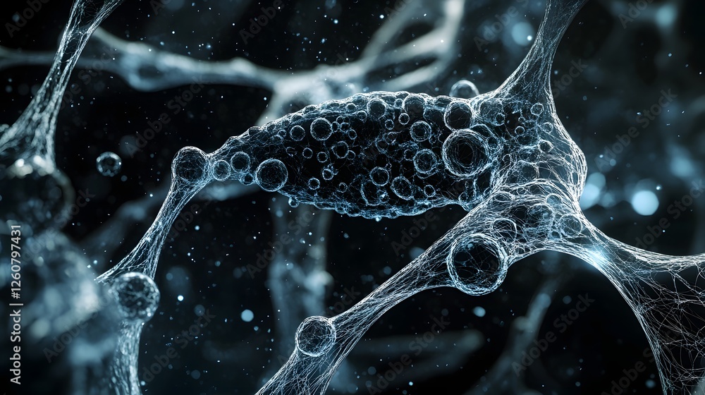 Poster captivating microscopic view of a complex molecular network structure in a dark serene and surreal v