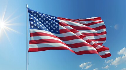 american flag waving high bright sun clear blue sky patriotic symbol glowing stars