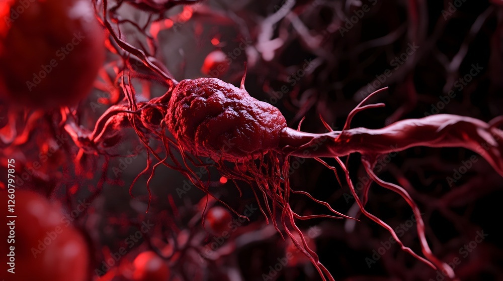 Poster captivating microscopic view of an intricate cellular structure showcasing vibrant red and pink tone