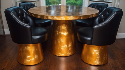 Gold Table and Black Leather Chairs Dining Set
