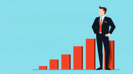 Businessman standing confidently beside a rising bar graph representing growth and success.