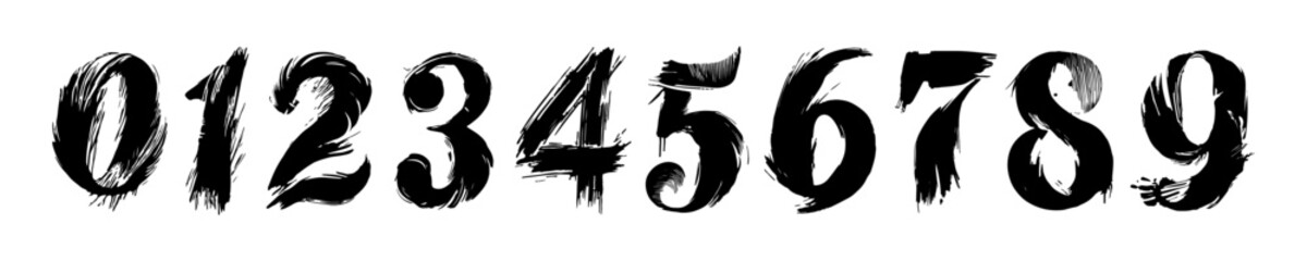 Set of numbers from 0 to 9 designed with bold brush strokes, creating an artistic, hand-painted, and grunge-style typography. Vector illustration