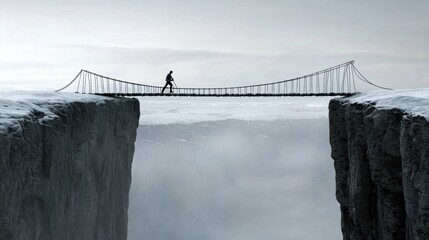 A lone figure walks on a precarious bridge over a foggy chasm in a dramatic landscape.