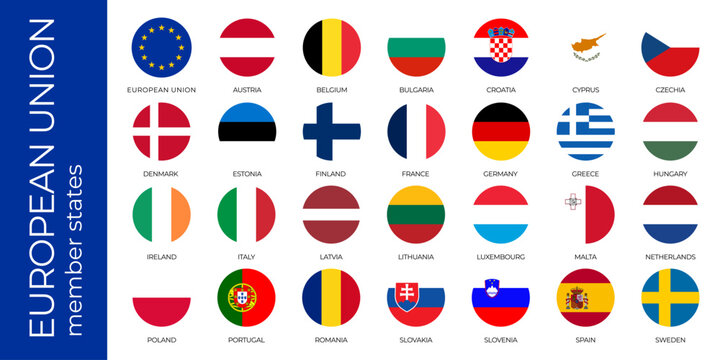 Vector illustration of circular flags representing European Union member states, including the EU flag, arranged in a grid with country names