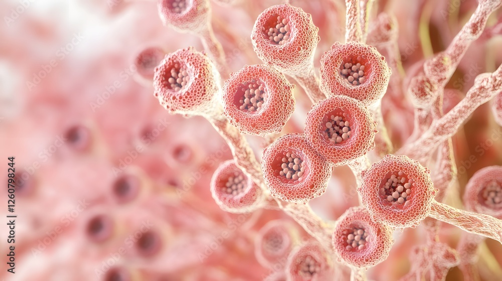 Poster captivating microscopic view showcasing a vibrant intricate pattern of red and pink cellular structu