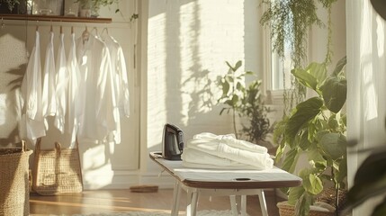 A bright and airy room with an ironing board set up, featuring a stylish electric iron and a pile of crisp white shirts.