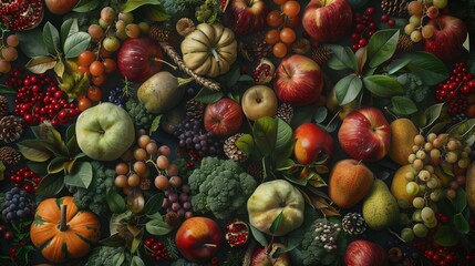 detailed painting fruits vegetables dark background intricate textures colors artistic diversity