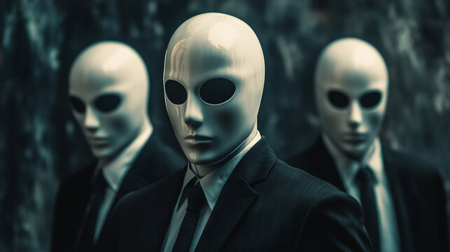 Conspiracy theory concept. People in masks. 