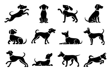 Silhouette dog expressions and activities illustration. Puppy collection of playful, alert, jumping, relaxed, walking, sitting, and curious canine poses.
