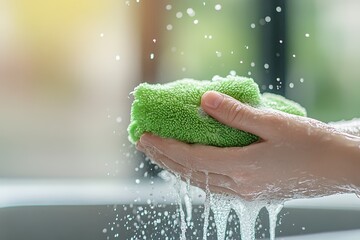 Caucasian hands cleaning with green sponge under running water