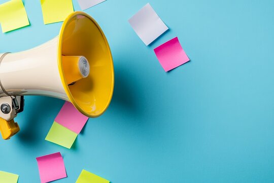 Yellow megaphone and colorful sticky notes on blue background