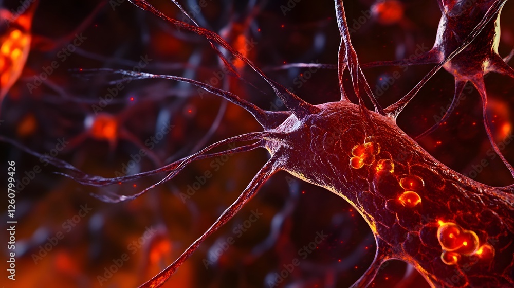 Aufkleber Captivating red neural network image showcasing the intricate synaptic connections and cellular structures of the brain  Representing the complexity and communication within the human nervous system