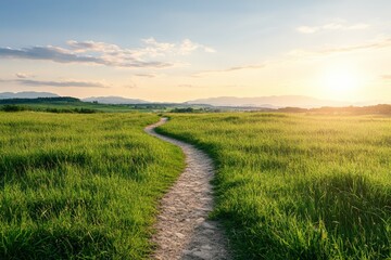 Obraz premium Scenic pathway through lush green field at sunset with mountain views