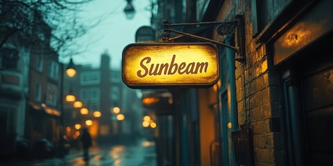 Obraz premium A nostalgic view of an atmospheric urban street scene during a rain-soaked evening, with a glowing vintage sign that reads 