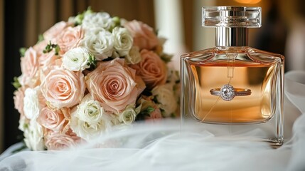 Bridal bouquet, perfume, ring, hotel room, wedding prep
