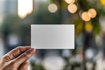 Female hand holding blank business card in outdoor setting with bokeh lights