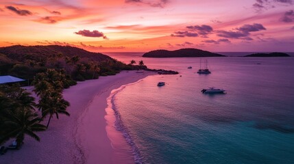 Vibrant tropical island escape, a breathtaking coastal vista at dusk