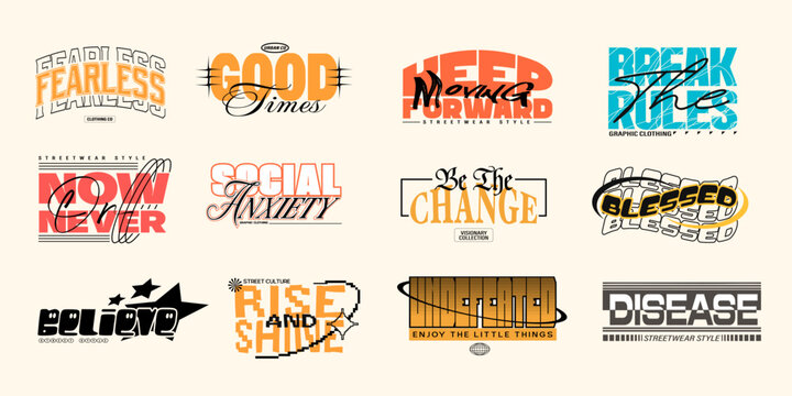 Streetwear logo set. Urban typography t-shirt design bundle, Minimalist typography graphic collection. Streetwear vector set