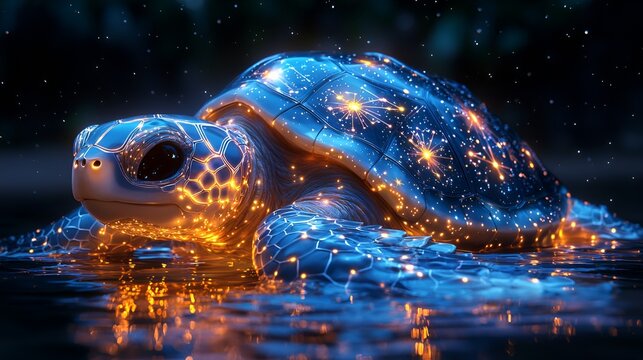 Cute turtle floating in a starry night, magical creature, peaceful scene, ideal for children's books or nature/animals themed designs