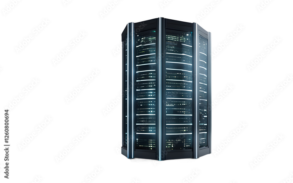 Poster A futuristic data server tower with blinking lights, isolated on a empty plain background