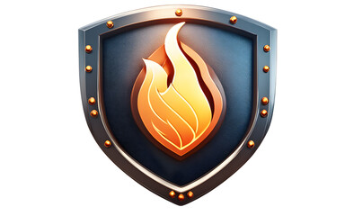 A digital firewall icon with a shield and flame design, isolated on a empty plain background