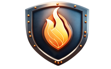A digital firewall icon with a shield and flame design, isolated on a empty plain background