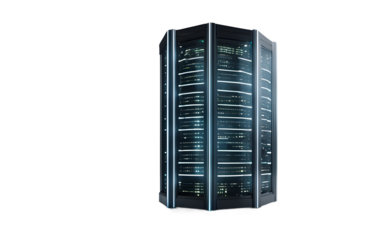 A futuristic data server tower with blinking lights, isolated on a empty plain background