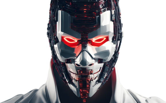 A cybersecurity hacker mask with a digital glitch effect, isolated on a empty plain background