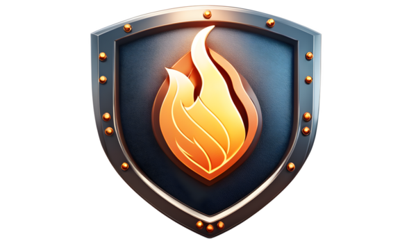 A digital firewall icon with a shield and flame design, isolated on a empty plain background
