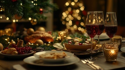 Christmas dinner with candles and christmas tree. Photo of a christmas tree. A table with food and a tv. Holiday meal featuring candles and a lifestyle christmas tree.