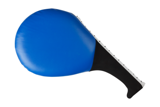 Blue taekwondo kicking paddle isolated on white background.
