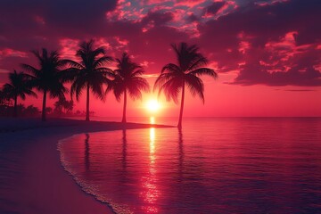 Serene sunset over a tranquil beach with palm trees silhouetted against vibrant skies