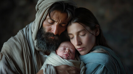 Fototapeta premium The Holy Family. Joseph, Mary and baby Jesus.