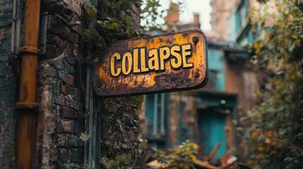Rusty and Weathered Sign Reading "Collapse" Amidst Urban Decay and Overgrown Foliage in an Abandoned Industrial Area