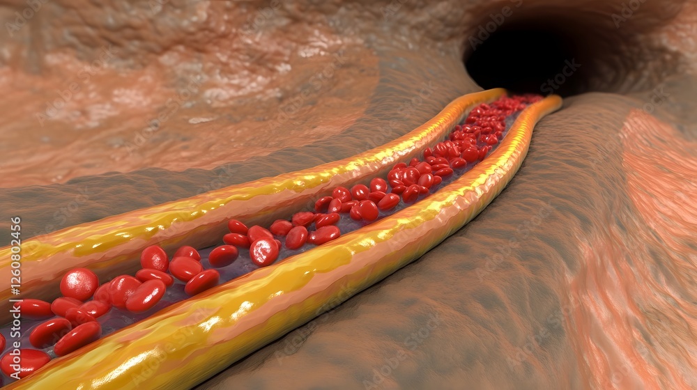 Poster close up macro view of a detailed cross section or microscopic model of a vascular artery with circu