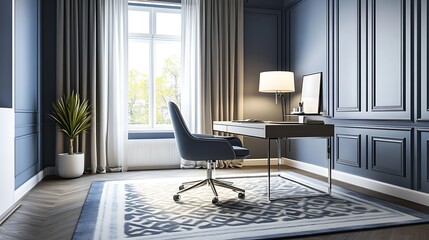 Modern Home Office Design With Blue Walls and Elegant Decor