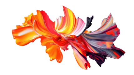 Colorful acrylic paint splashing and swirling on transparent background