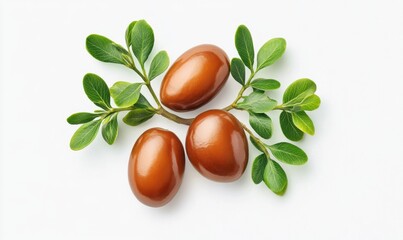 Three argan nuts with leaves on white background; natural beauty product