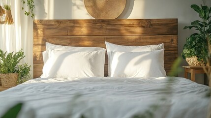 A high-end bedroom with crisp white pillows resting against a stylish wooden headboard, with soft lighting in the background.