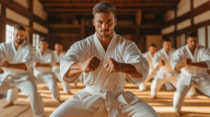 Focused martial arts training in a traditional dojo with white uniform and a sense of unity