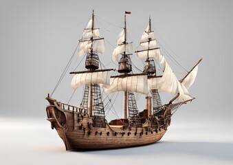 Detailed 3D model of pirate ships with sails maritime adventure on white light background