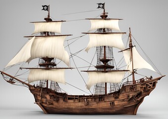 Detailed 3D model of pirate ships with sails maritime adventure on white light background