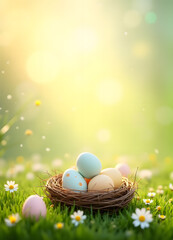 vertical easter template with eggs in nest on soft gentle green background